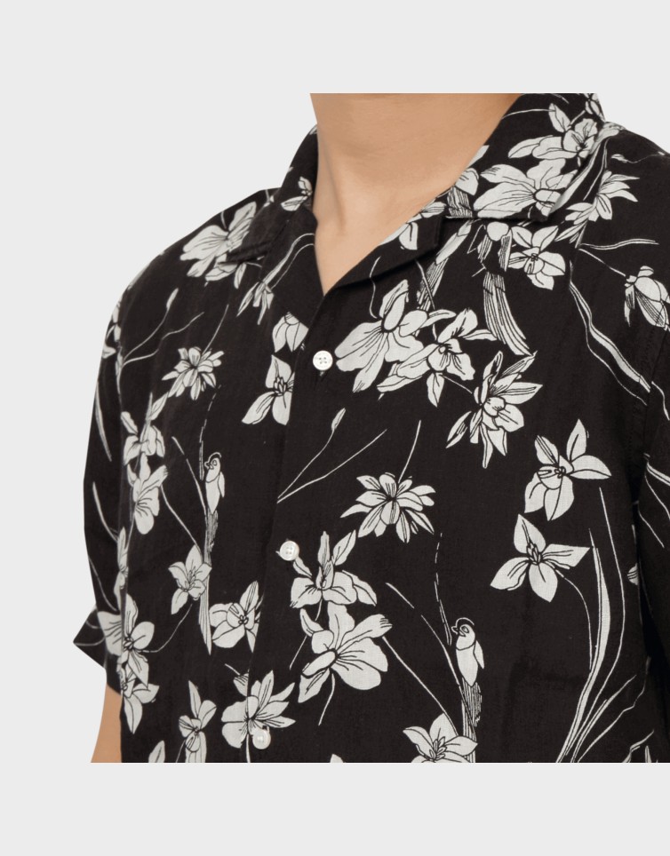 OPEN COLLAR PRINT LINEN SHIRT